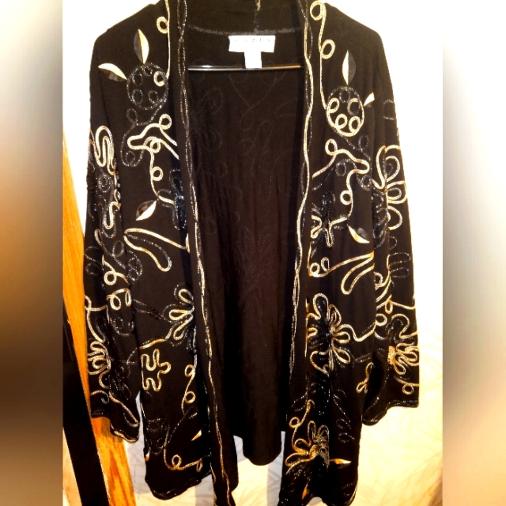 Vintage Lauren Michelle Stunning Black and Gold Embroidered Open cardigan~2XL